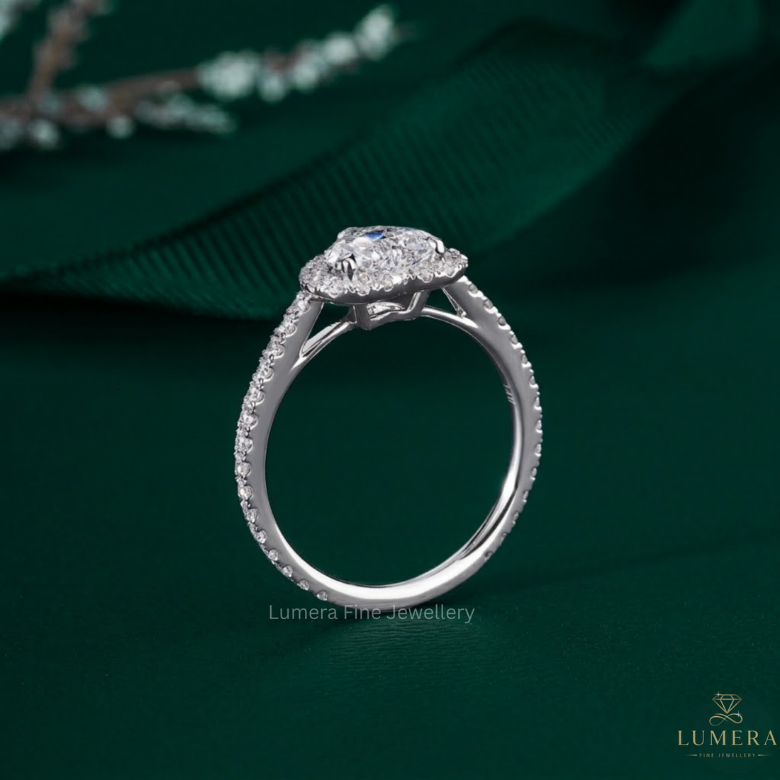 heart diamond engagement ring on pave engagement ring.
