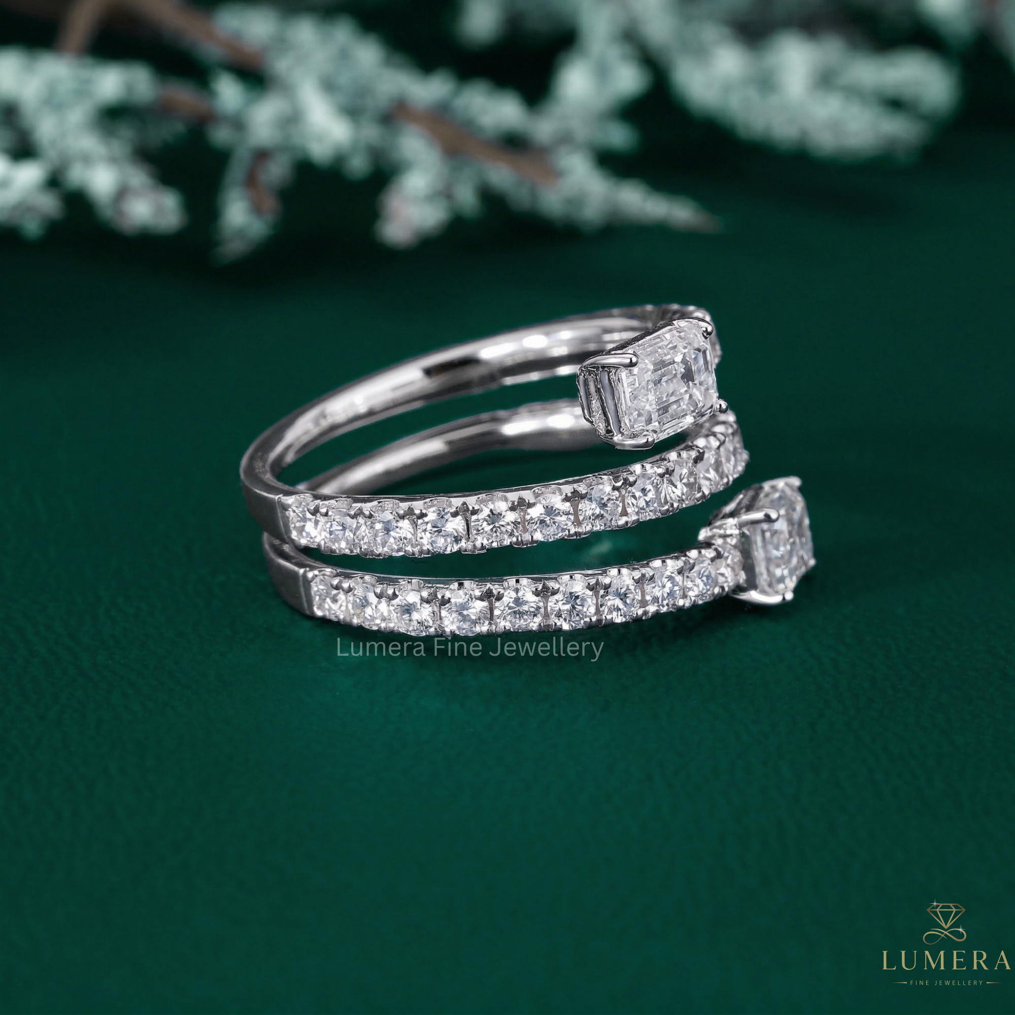 Emerald diamond band with Emerald cut spiral diamond band.
