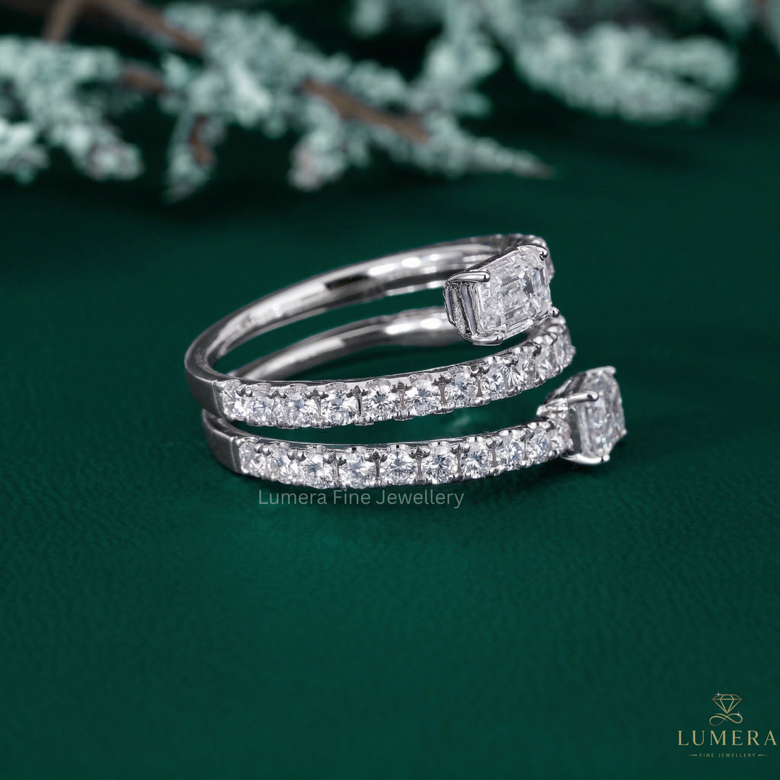 Emerald diamond band with Emerald cut spiral diamond band.
