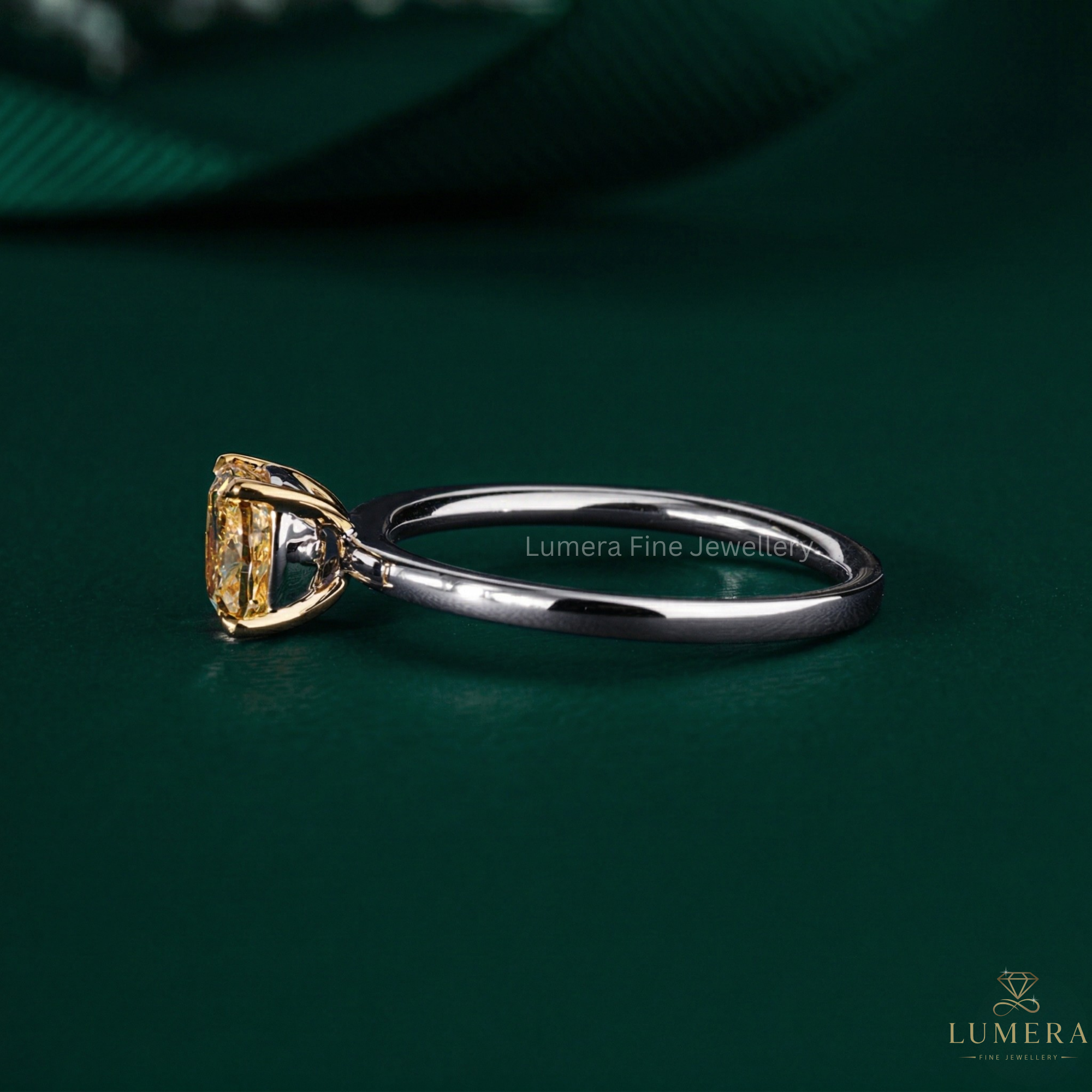 cushion diamond ring with yellow diamond ring.