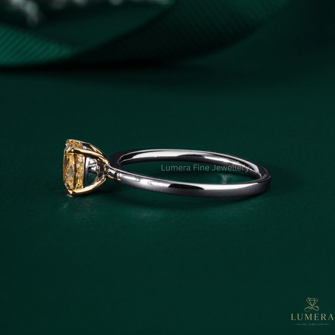 cushion diamond ring with yellow diamond ring.