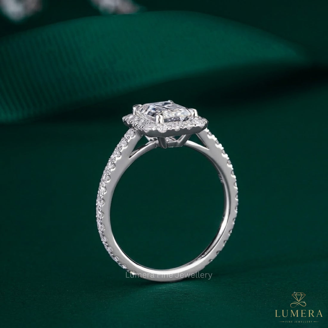 1.50 Emerald Cut , Halo & Pave Engagement Ring