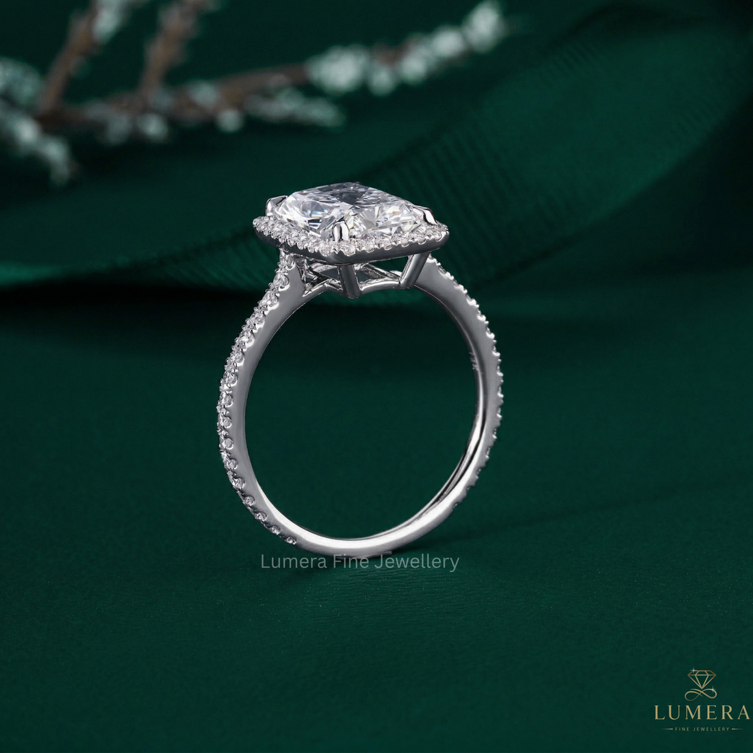 cushion cut halo engagement ring with pave halo engagement ring.