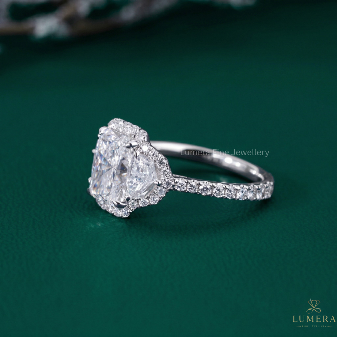 cathedral setting ring with halo engagement ring.