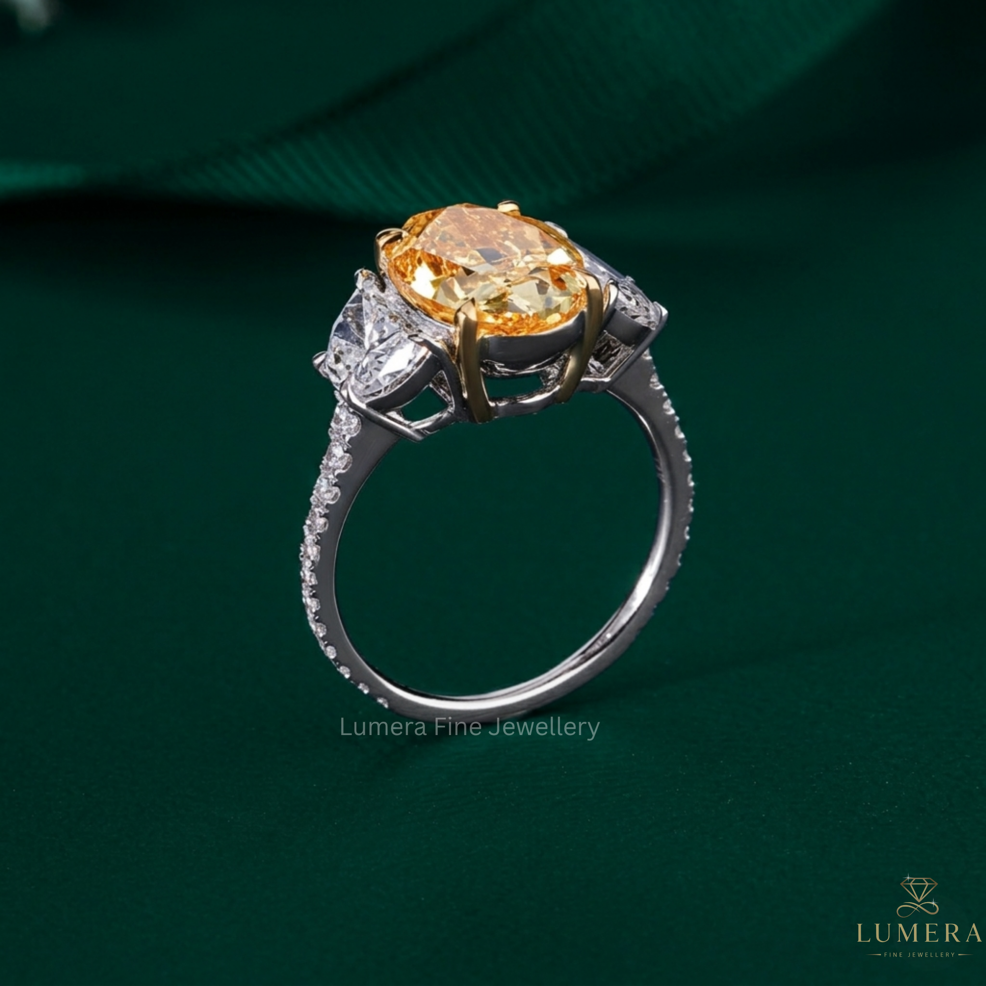 half moon cut side stone with two tone gold ring.
