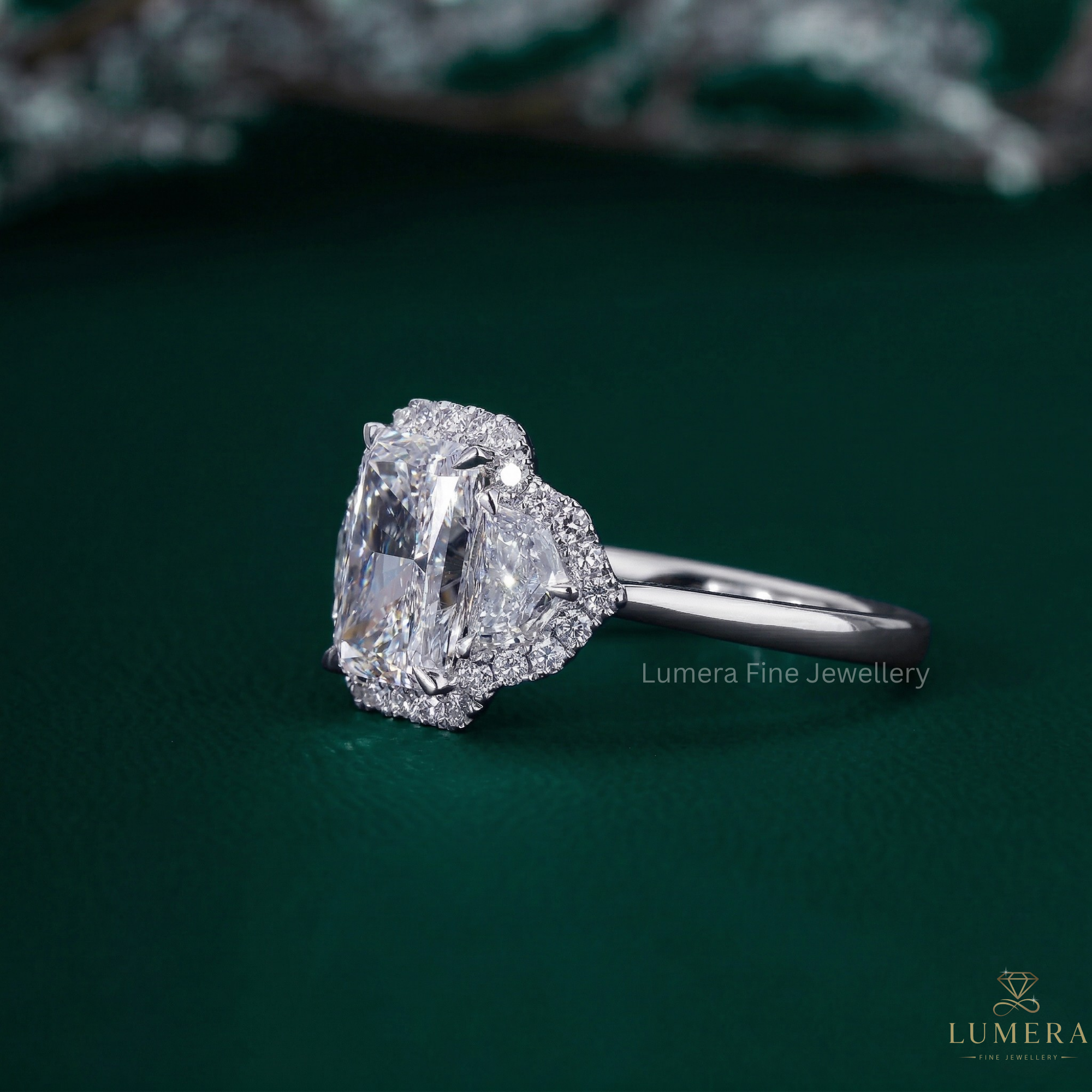 halo engagement ring with 3 stone halo ring.