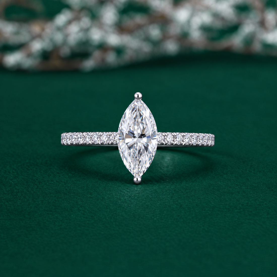 Marquise pave ring with prong set ring.
