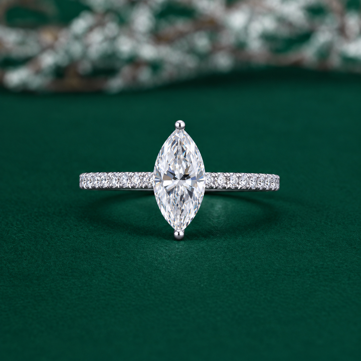 Marquise pave ring with prong set ring.
