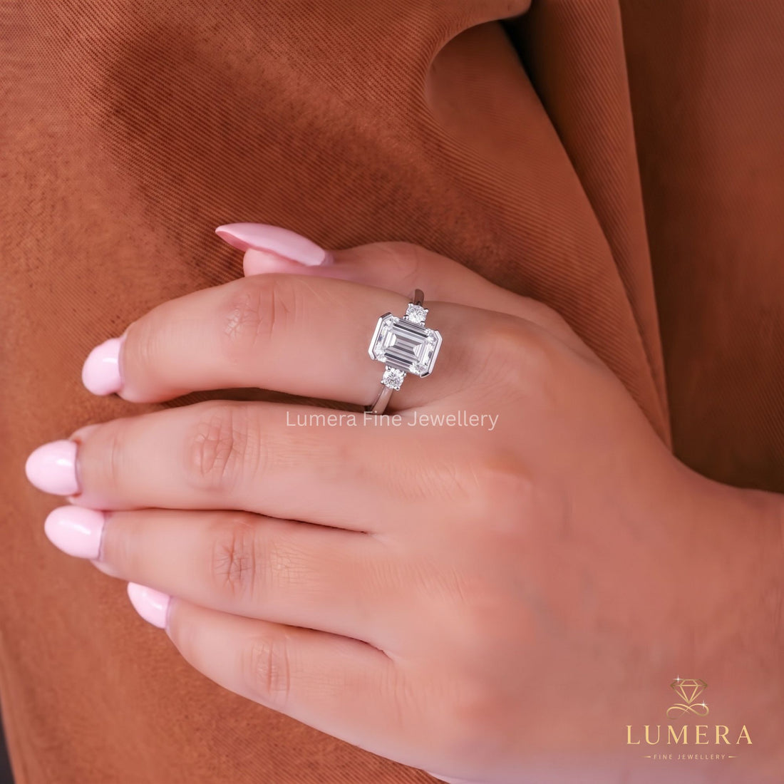 Lumera diamond ring with half bezel engagement ring.

