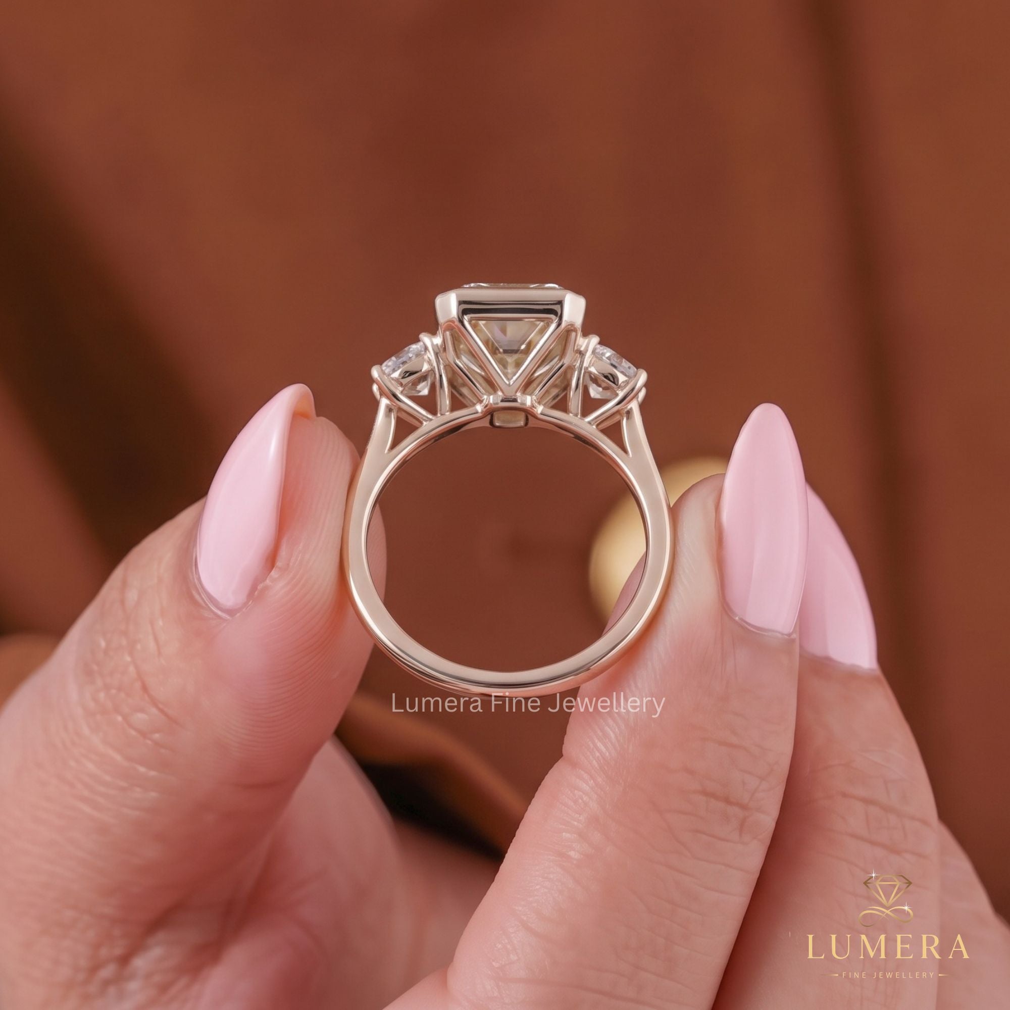Lab Grown Three Stone Radiant Cut Ring In Trellis Setting