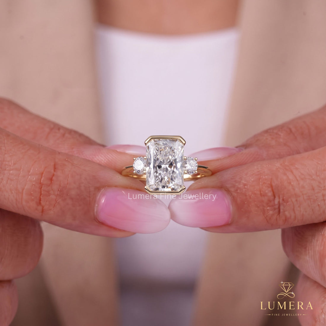 Lab Grown Three Stone Radiant Cut Ring In Trellis Setting