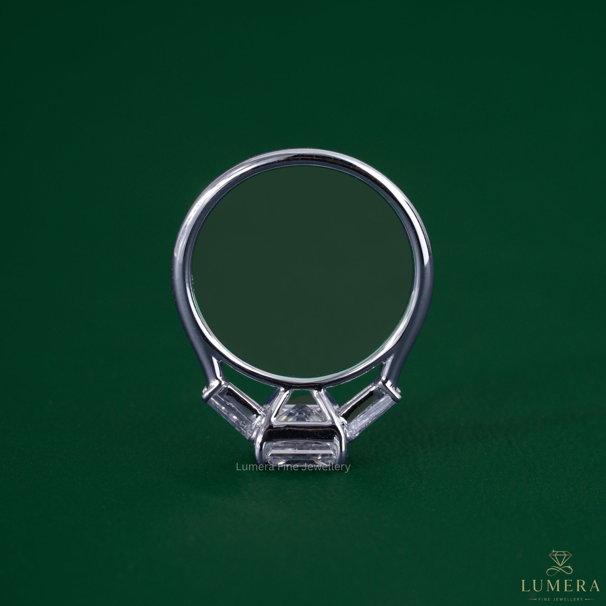 Tapered baguette diamonds paired with a three stone diamond ring.
