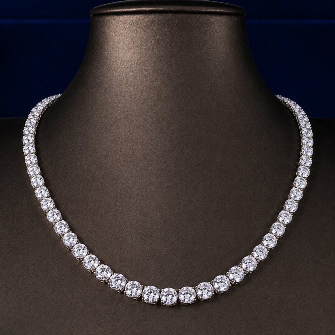 eternity diamond tennis necklace with 4 prong necklace.