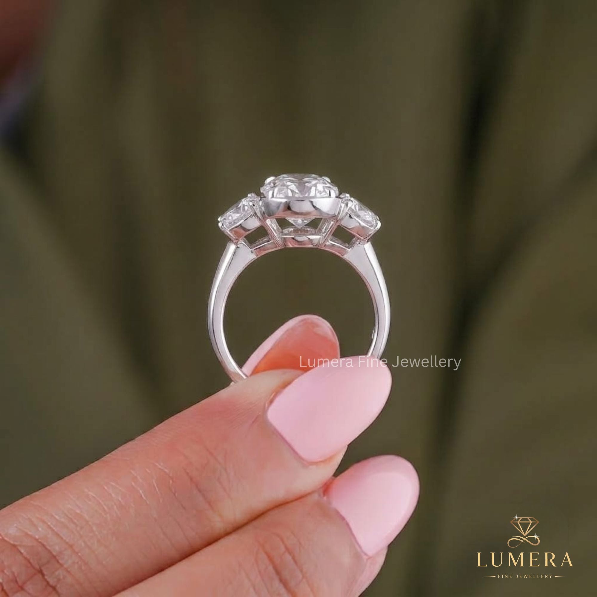 Trapezoid diamond paired with a three stone ring.
