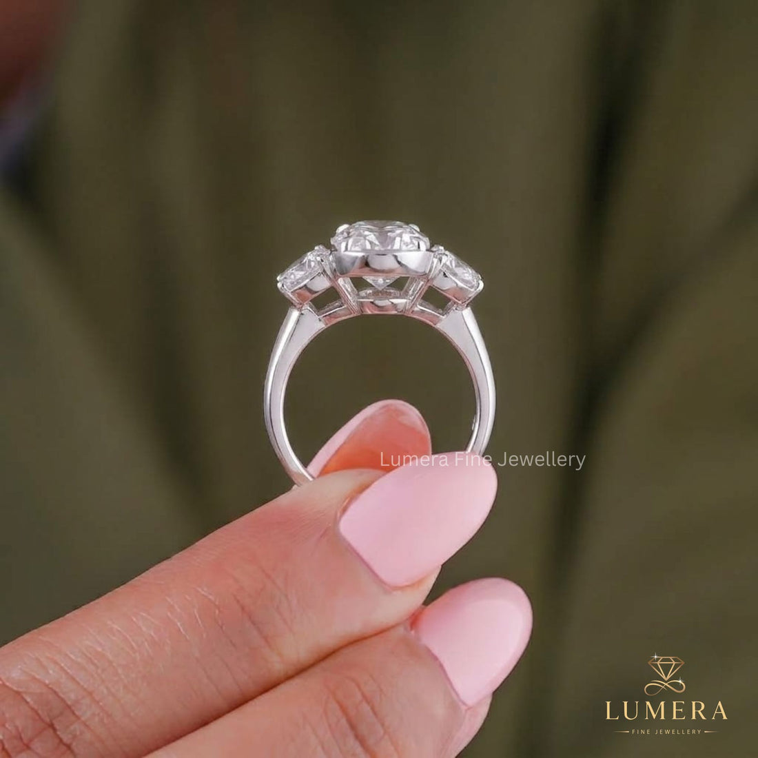 Trapezoid diamond paired with a three stone ring.
