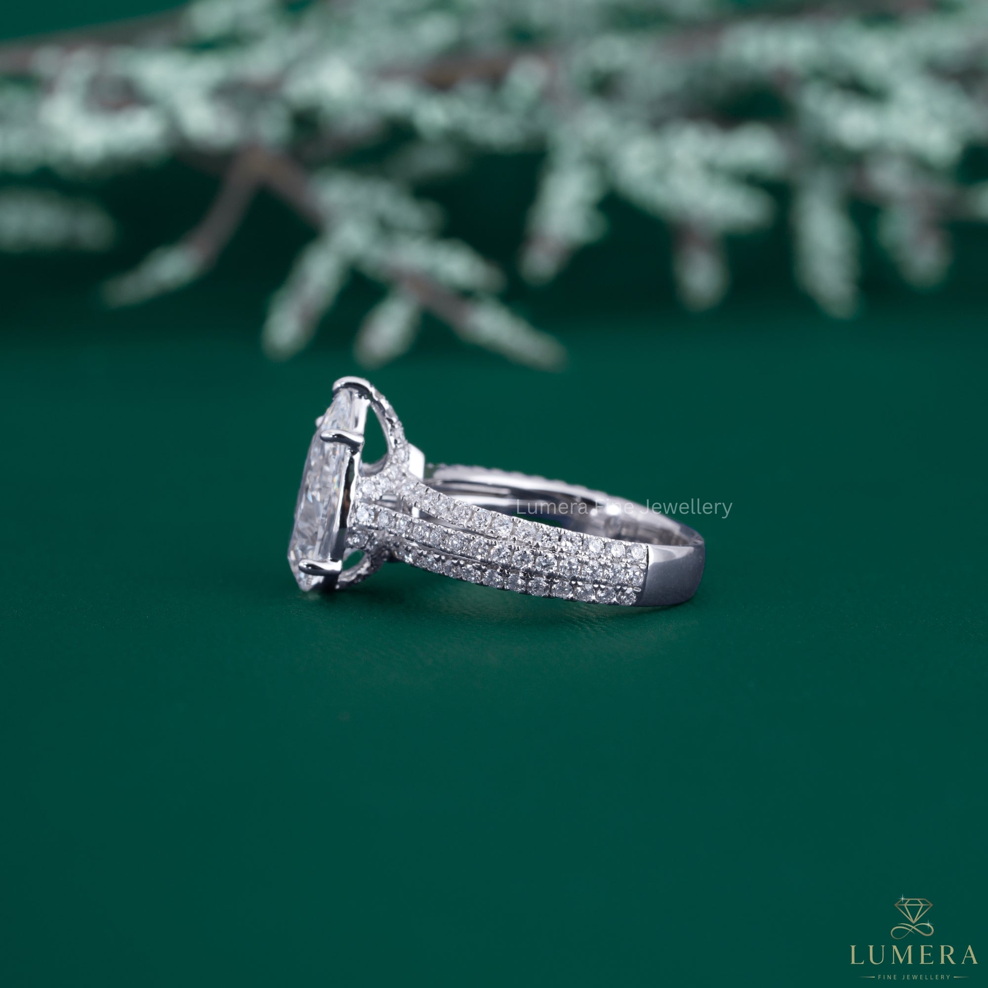 Multi row pave engagement ring with hide stone ring.