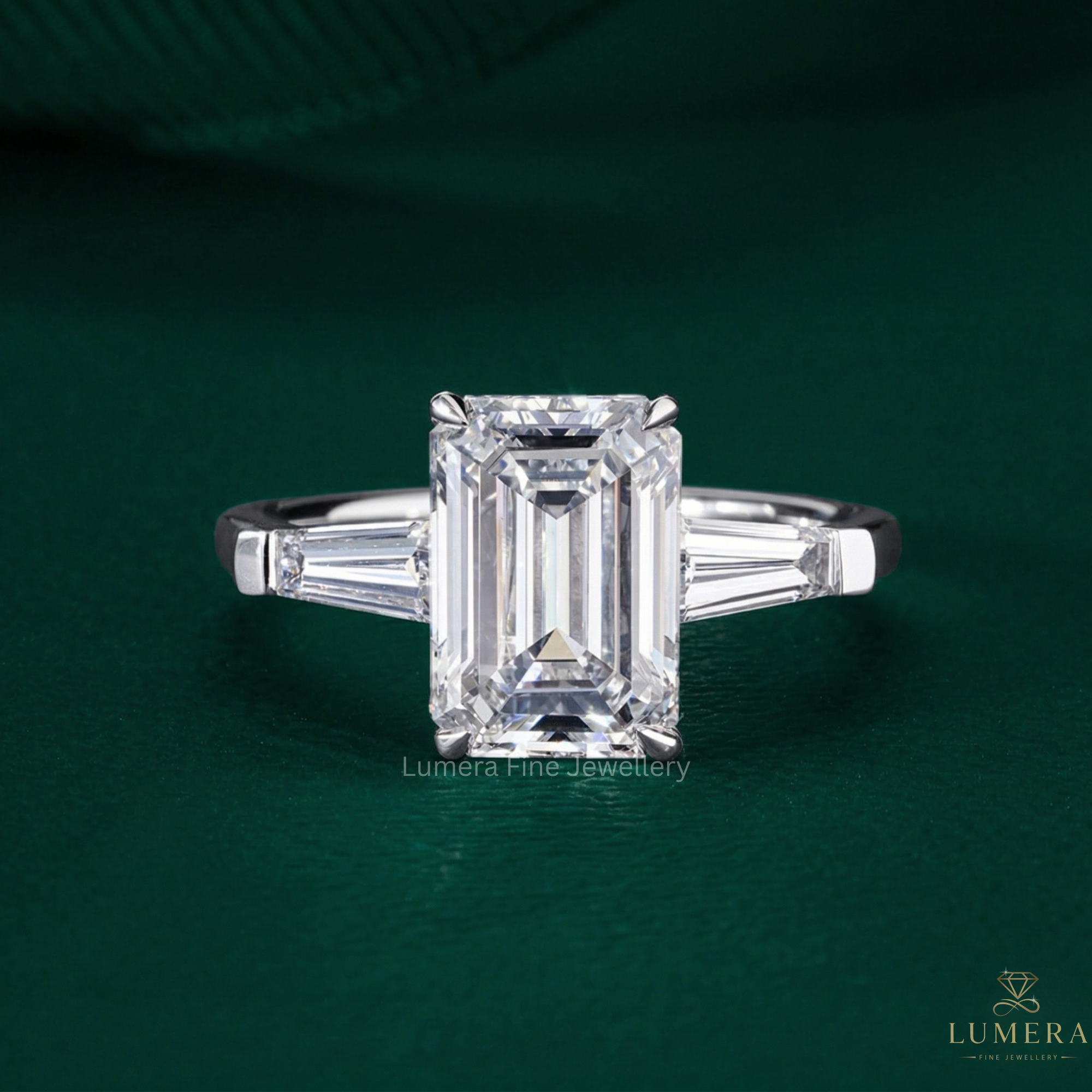 emerald engagement ring on tapered baguette side stones.
