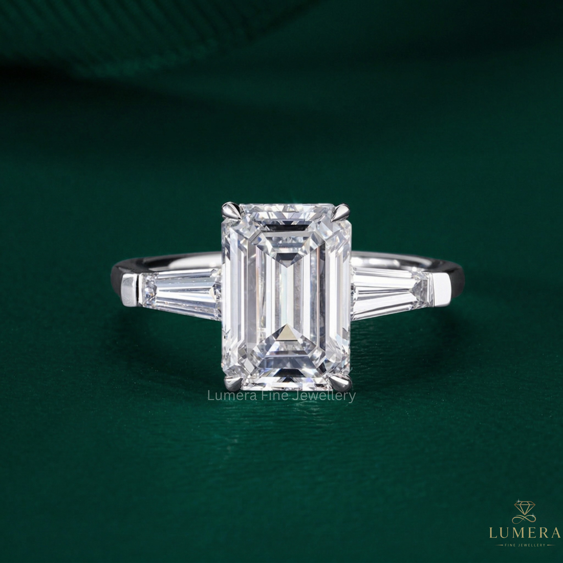 emerald engagement ring on tapered baguette side stones.

