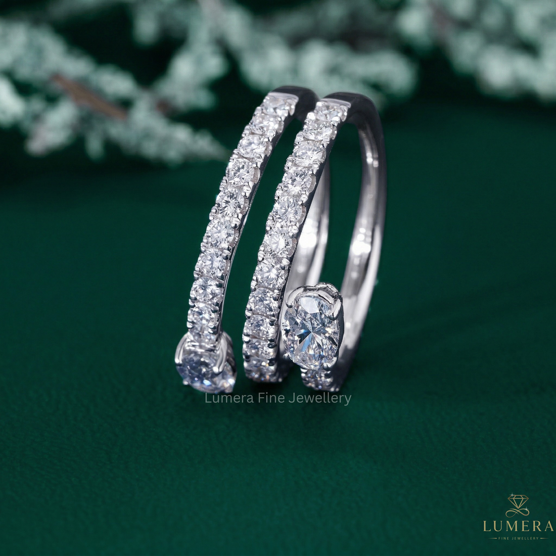 Two oval diamond band with 2 oval diamond wedding band.