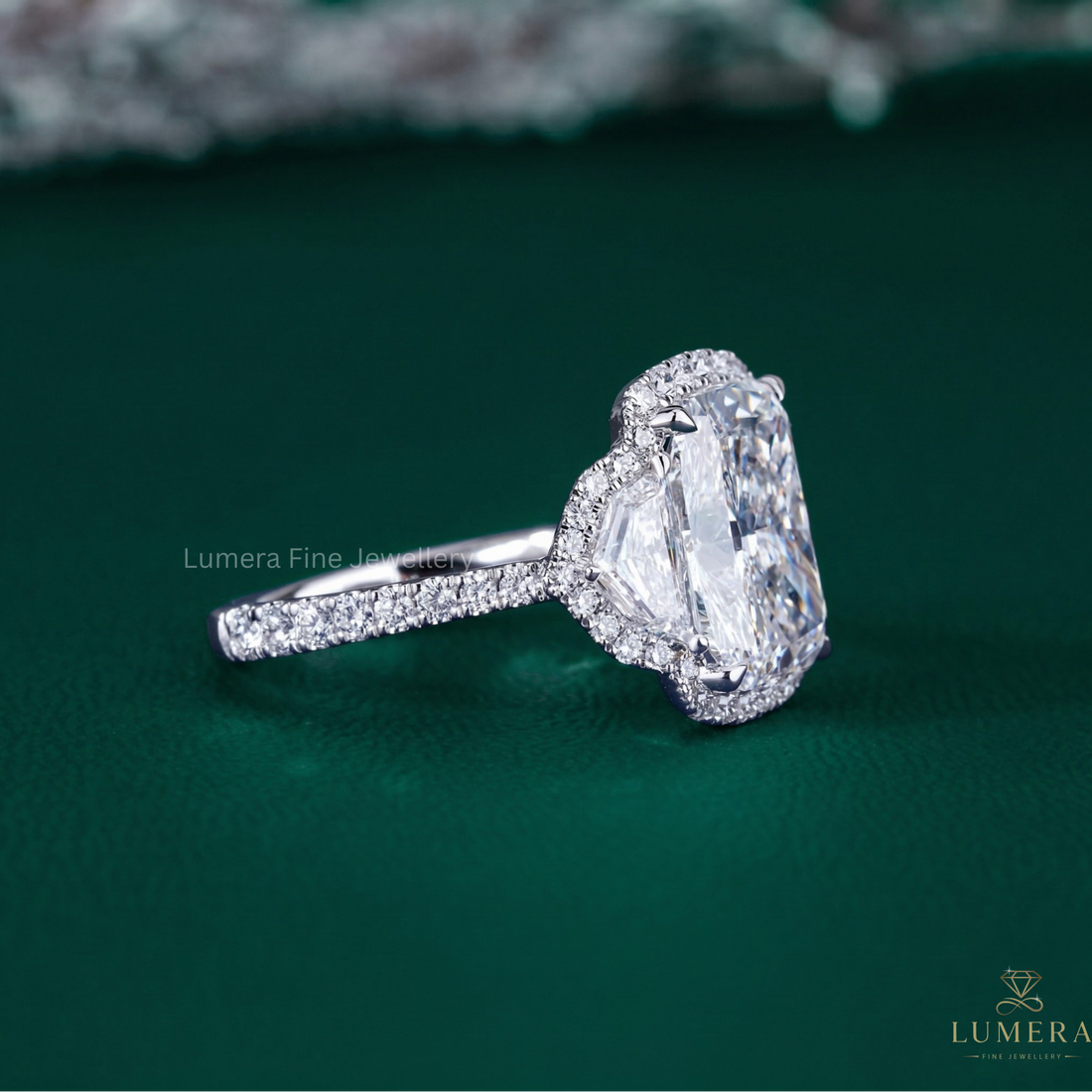 halo engagement ring with cathedral setting ring.
