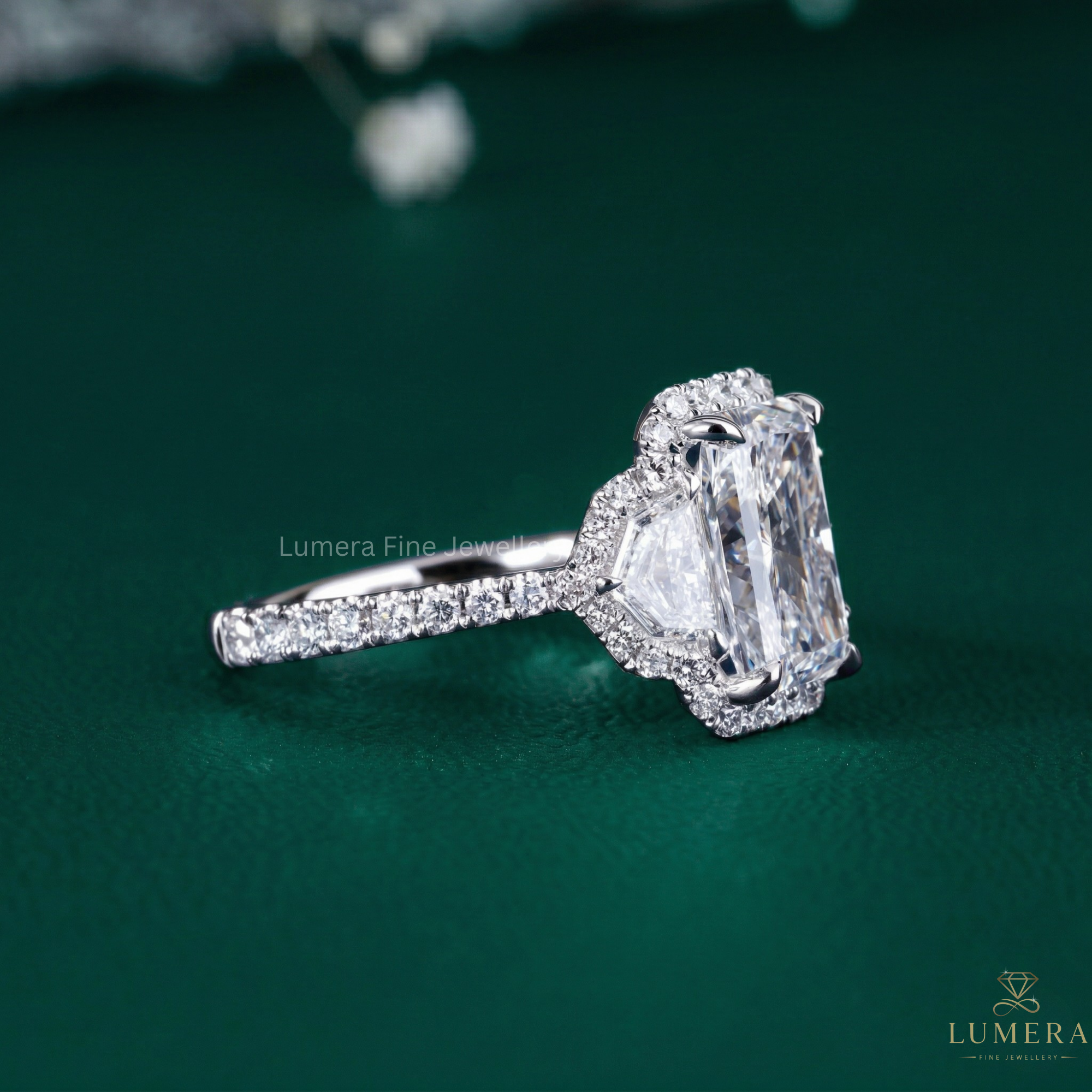 past present future ring with cadillac cut side stones.