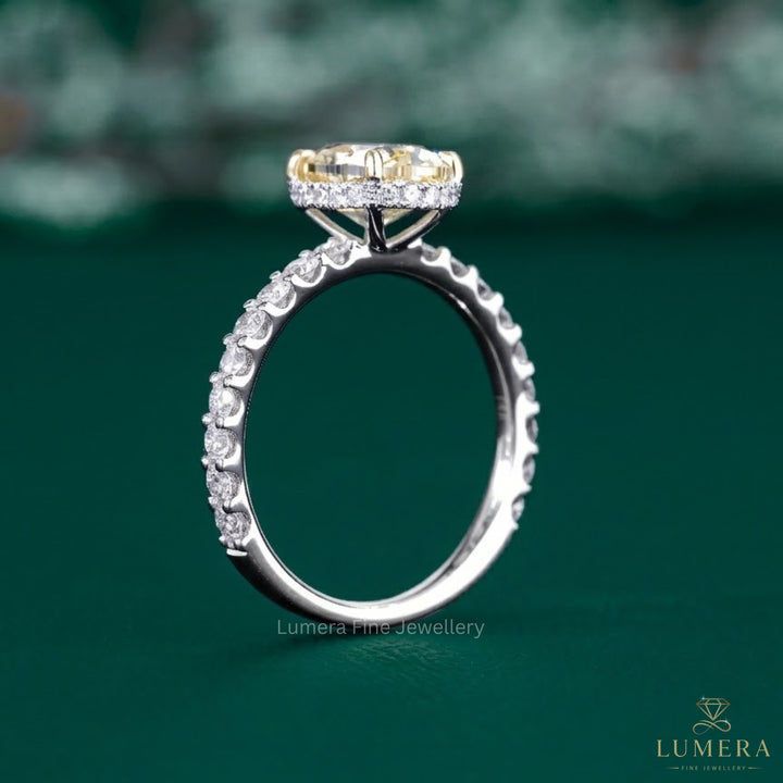 yellow oval diamond ring with hidden halo engagement ring.