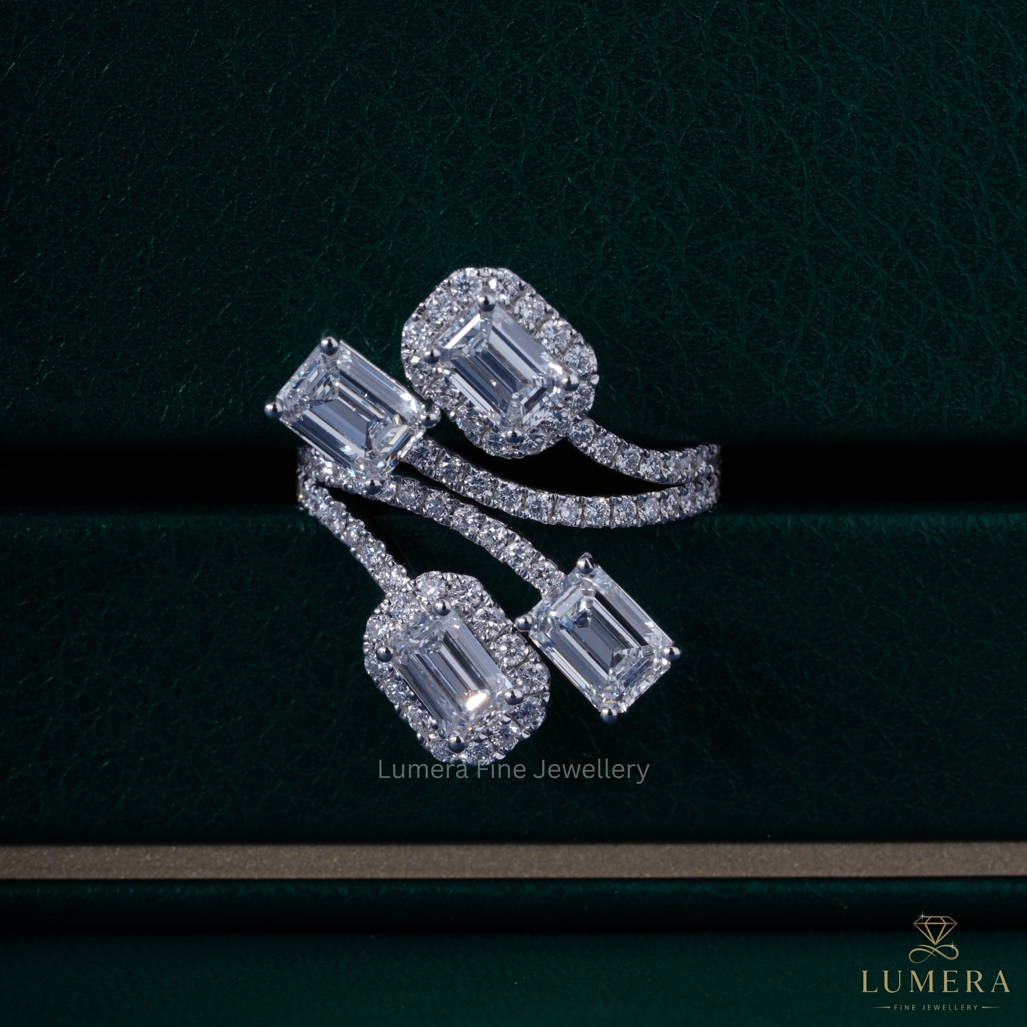 Halo engagement ring with split shank engagement ring.