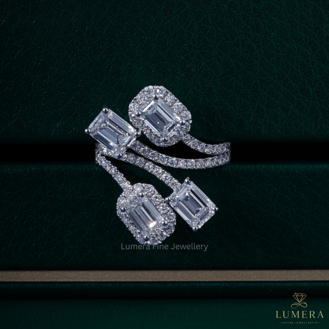 Halo engagement ring with split shank engagement ring.