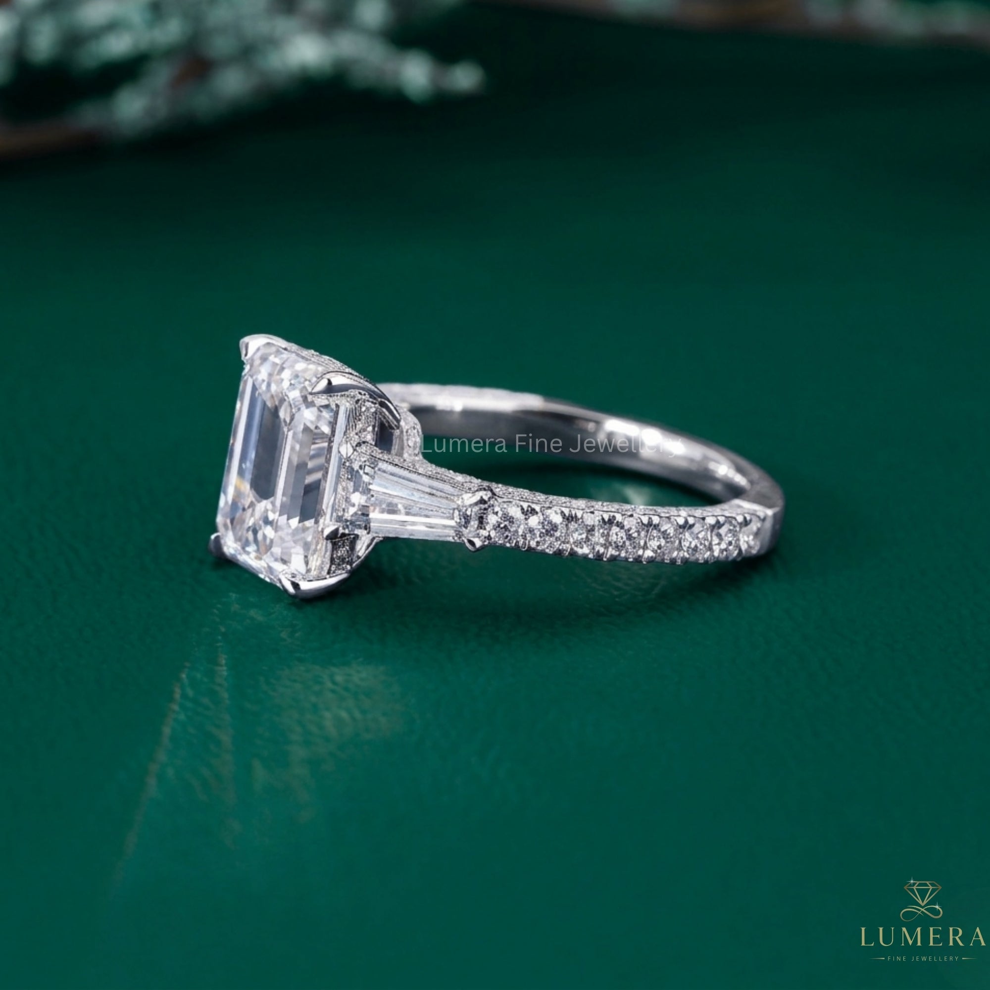 emerald cut diamond engagement ring with three stone diamond ring.