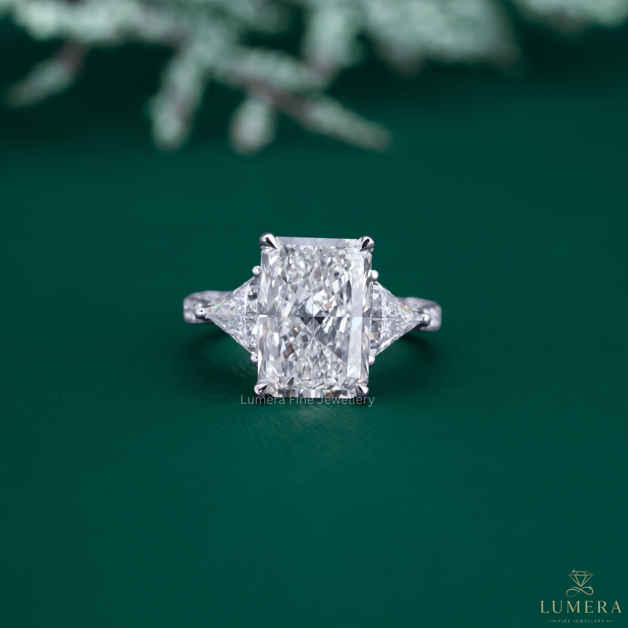 Pave diamond engagement ring with radiant diamond ring.