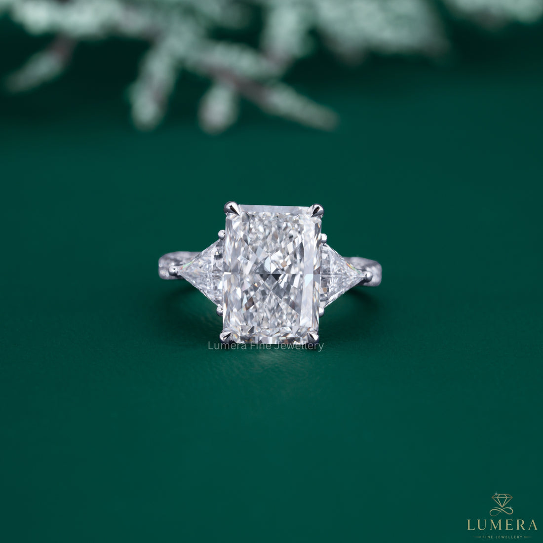 Pave diamond engagement ring with radiant diamond ring.