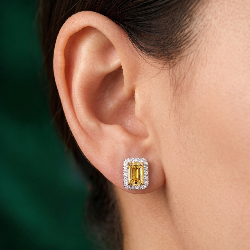 Halo Emerald Cut Yellow Diamond Stud Earrings