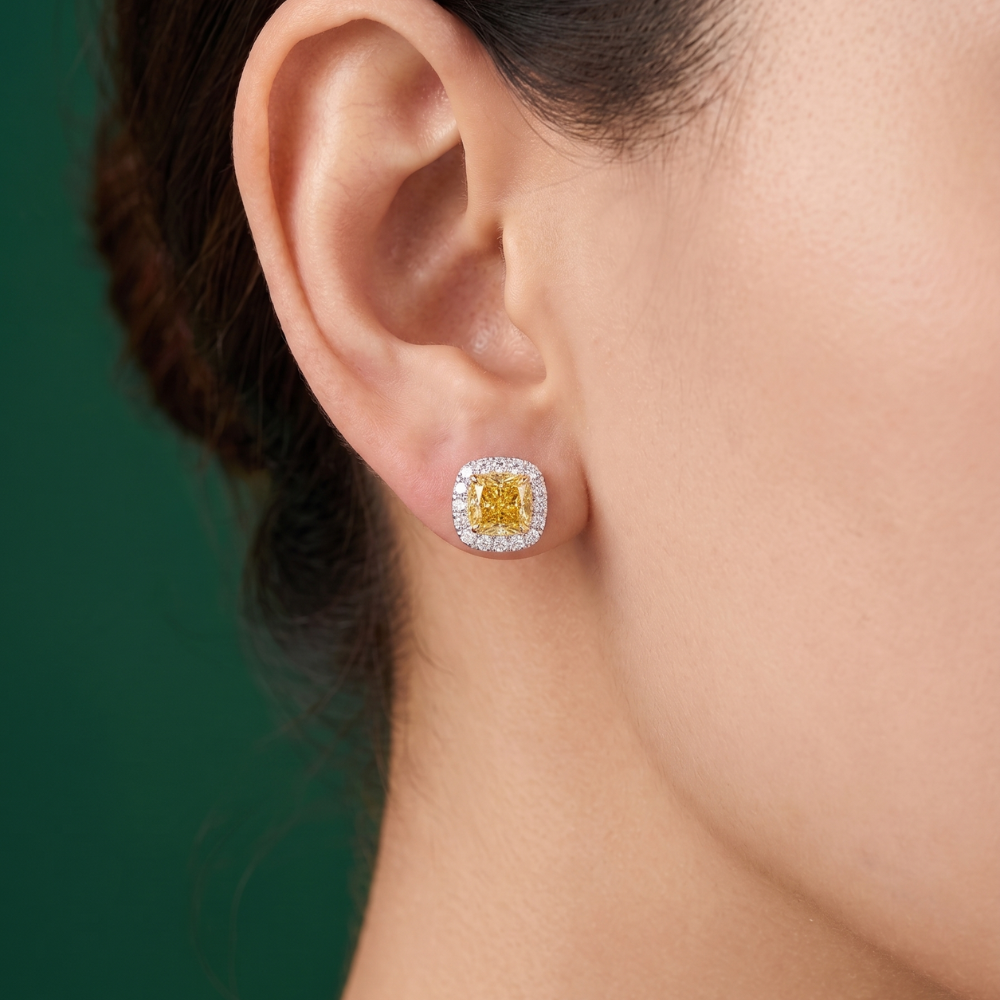 Lab Grown Diamond Yellow Cushion Cut Earrings