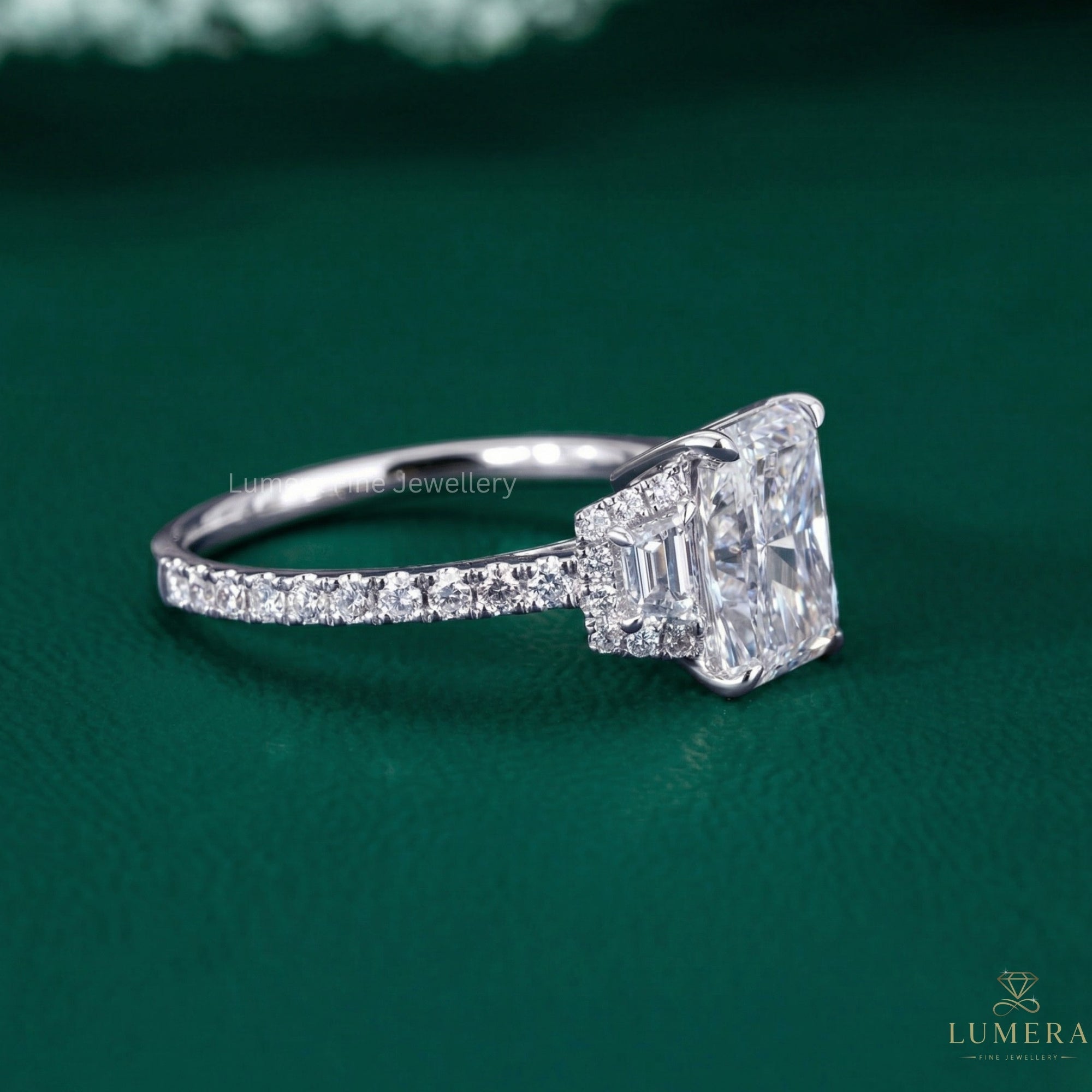 three stone radiant ring with past present future ring.
