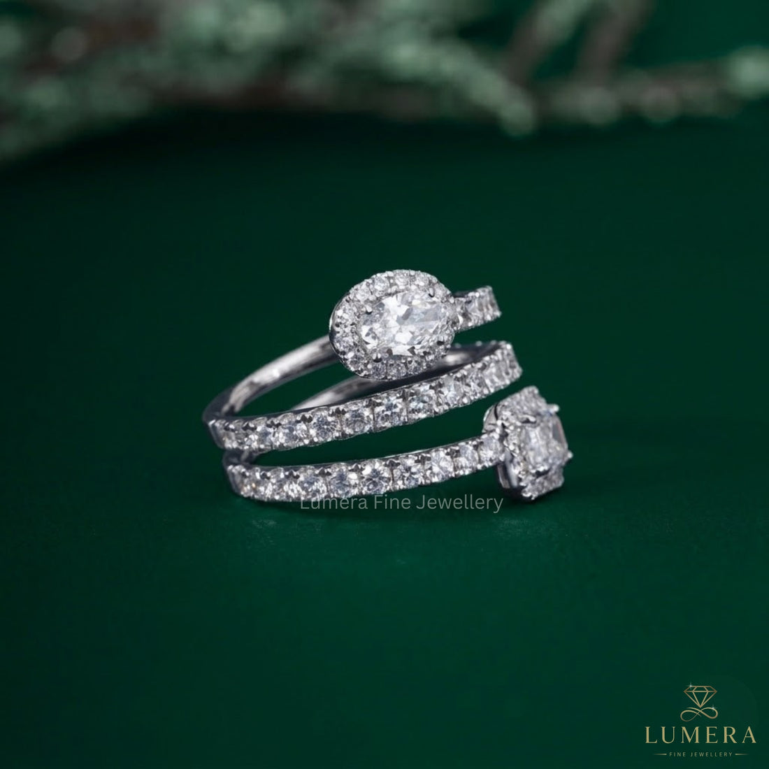 Oval emerald halo spiral band with customized band.