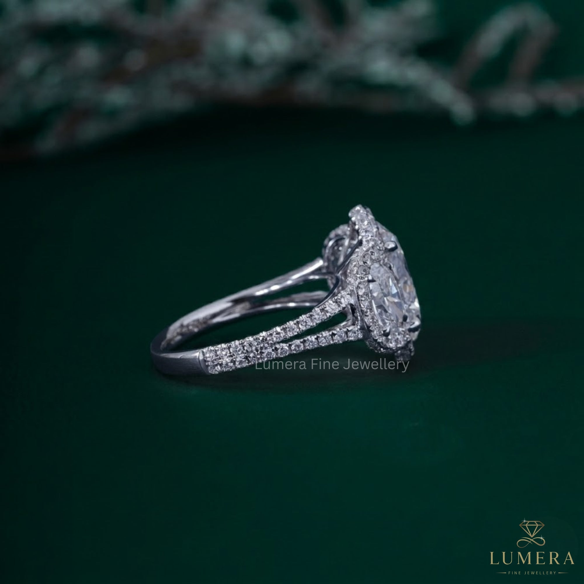 Halo diamond ring with Claw prong setting.