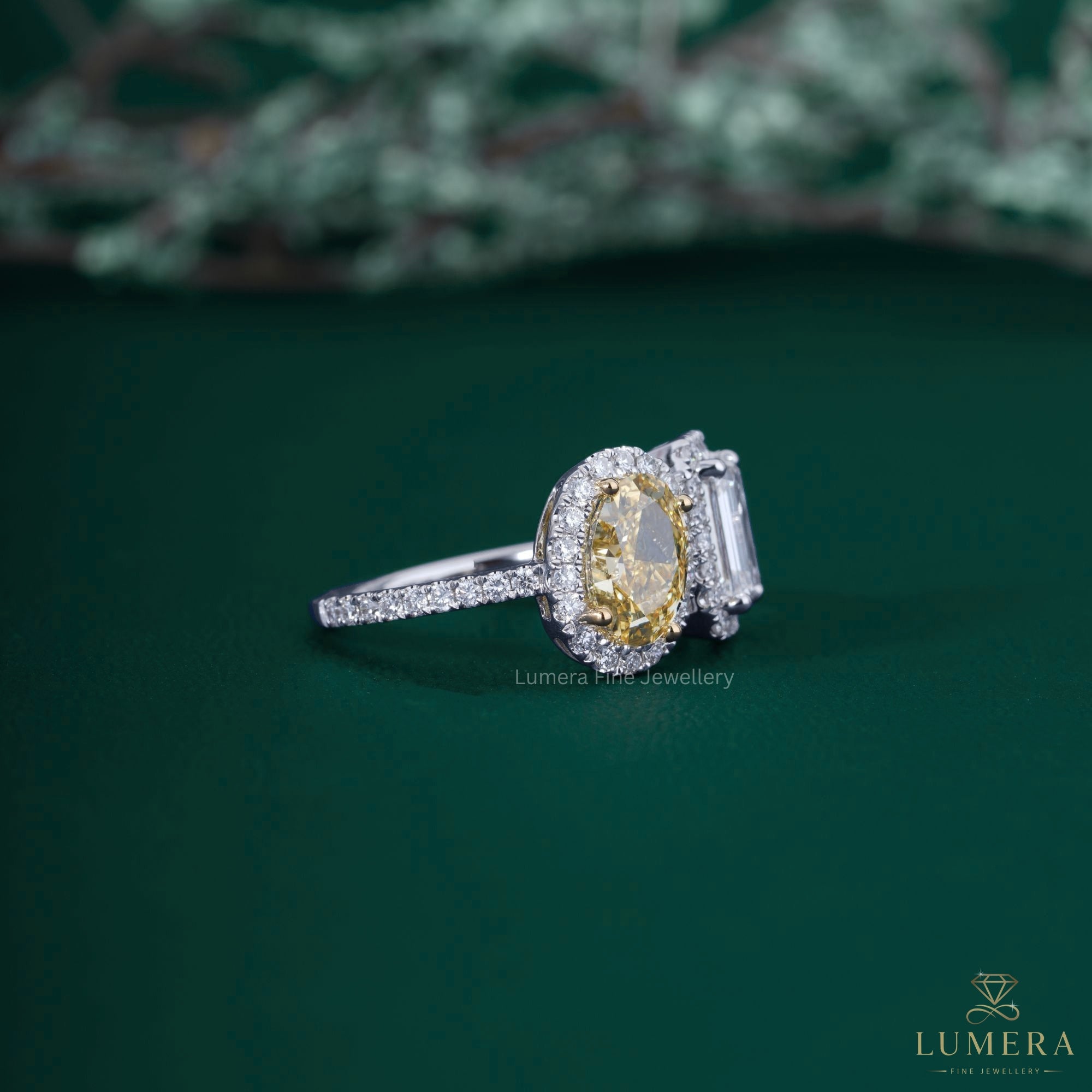 Emerald cut ring with halo diamond ring.
