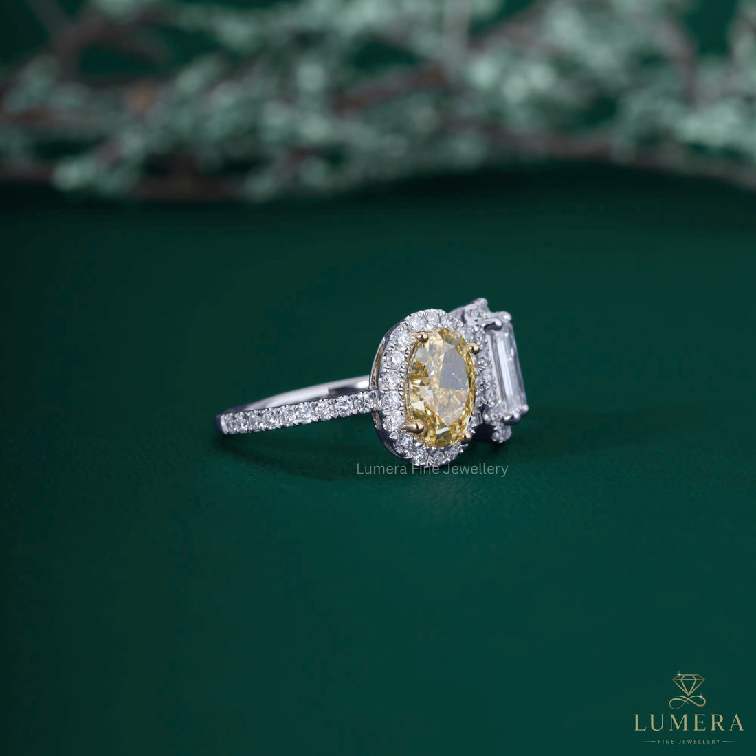 Emerald cut ring with halo diamond ring.