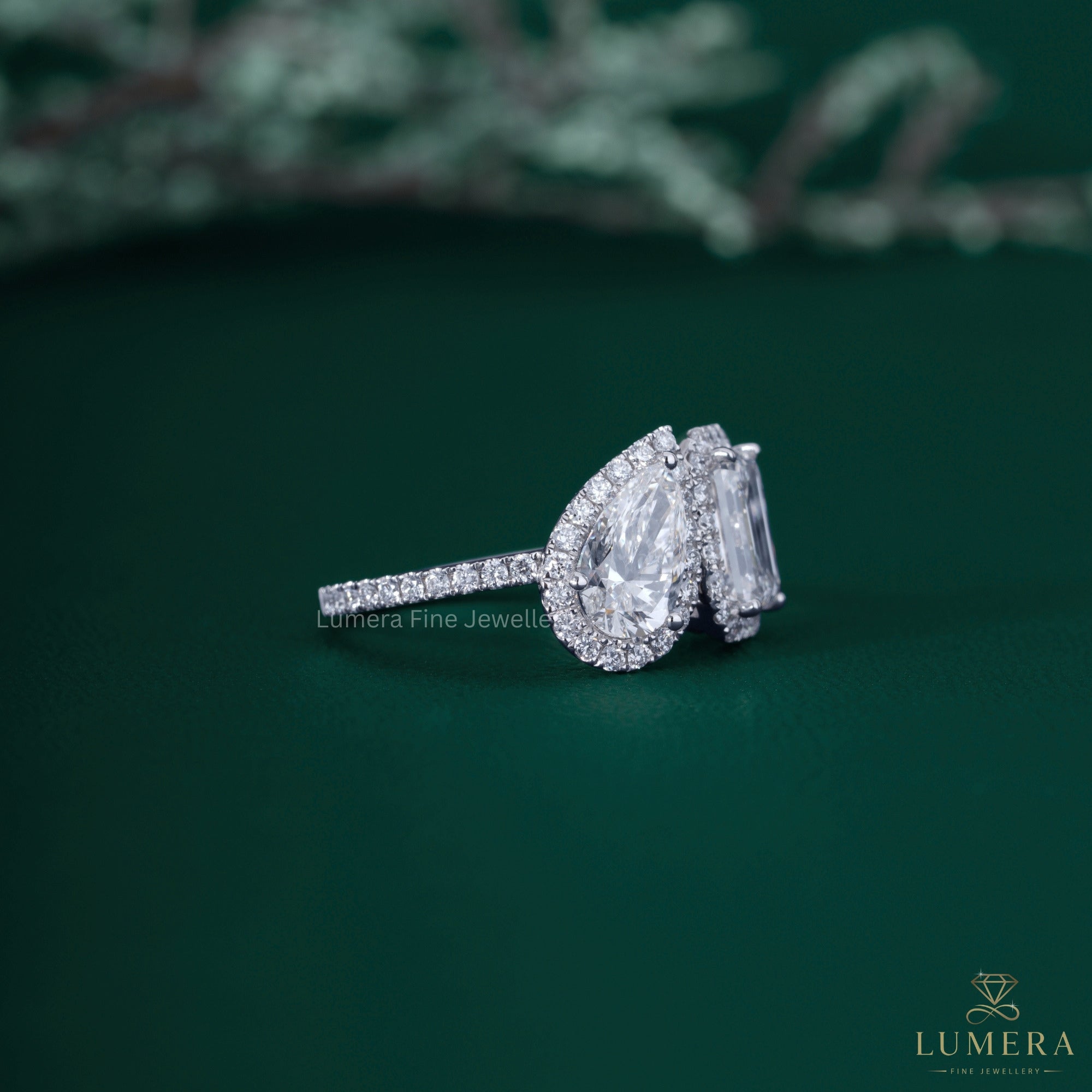 Halo diamond ring with halo engagement ring.