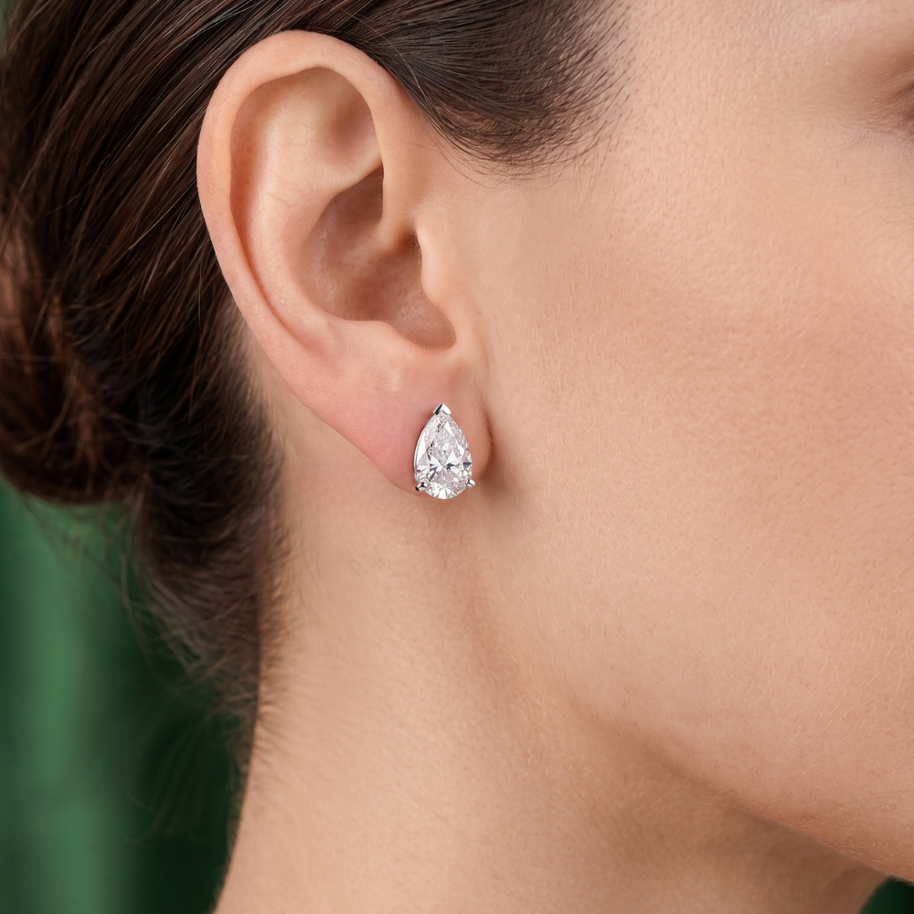Solitaire Pear Cut Diamond Earrings In Basket Setting