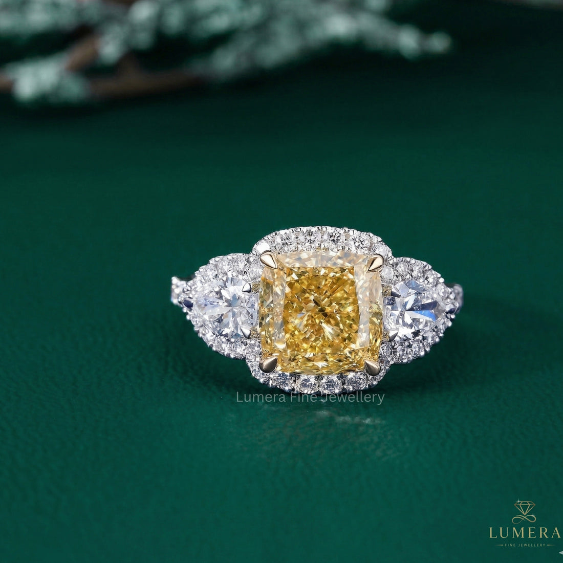 cushion cut engagement ring with yellow cushion diamond ring.