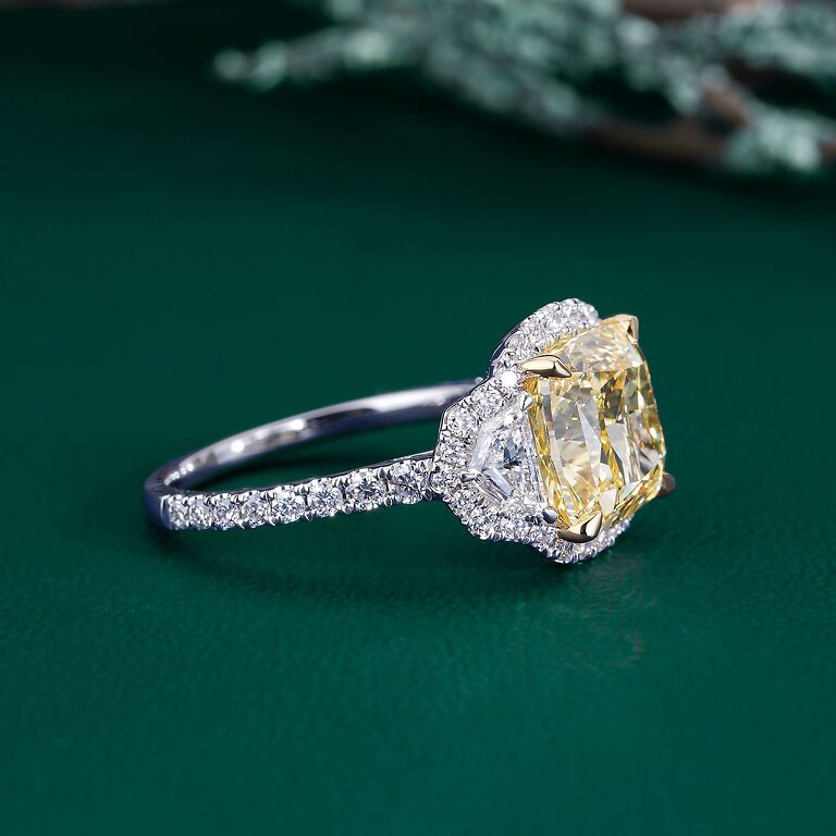 Halo Setting Cushion Cut Yellow Diamond Ring In Cadillac Side Stones