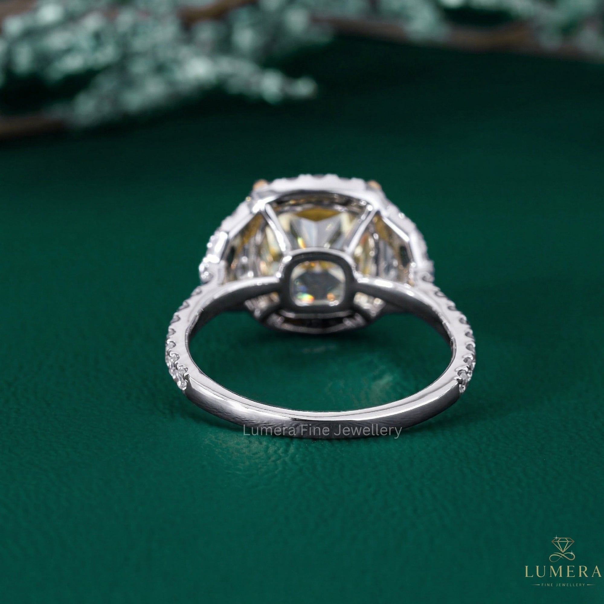 yellow diamond cushion ring with halo diamond engagement ring.