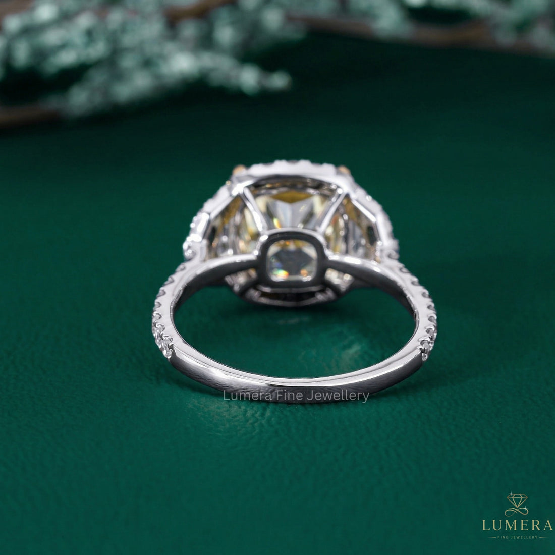 yellow diamond cushion ring with halo diamond engagement ring.