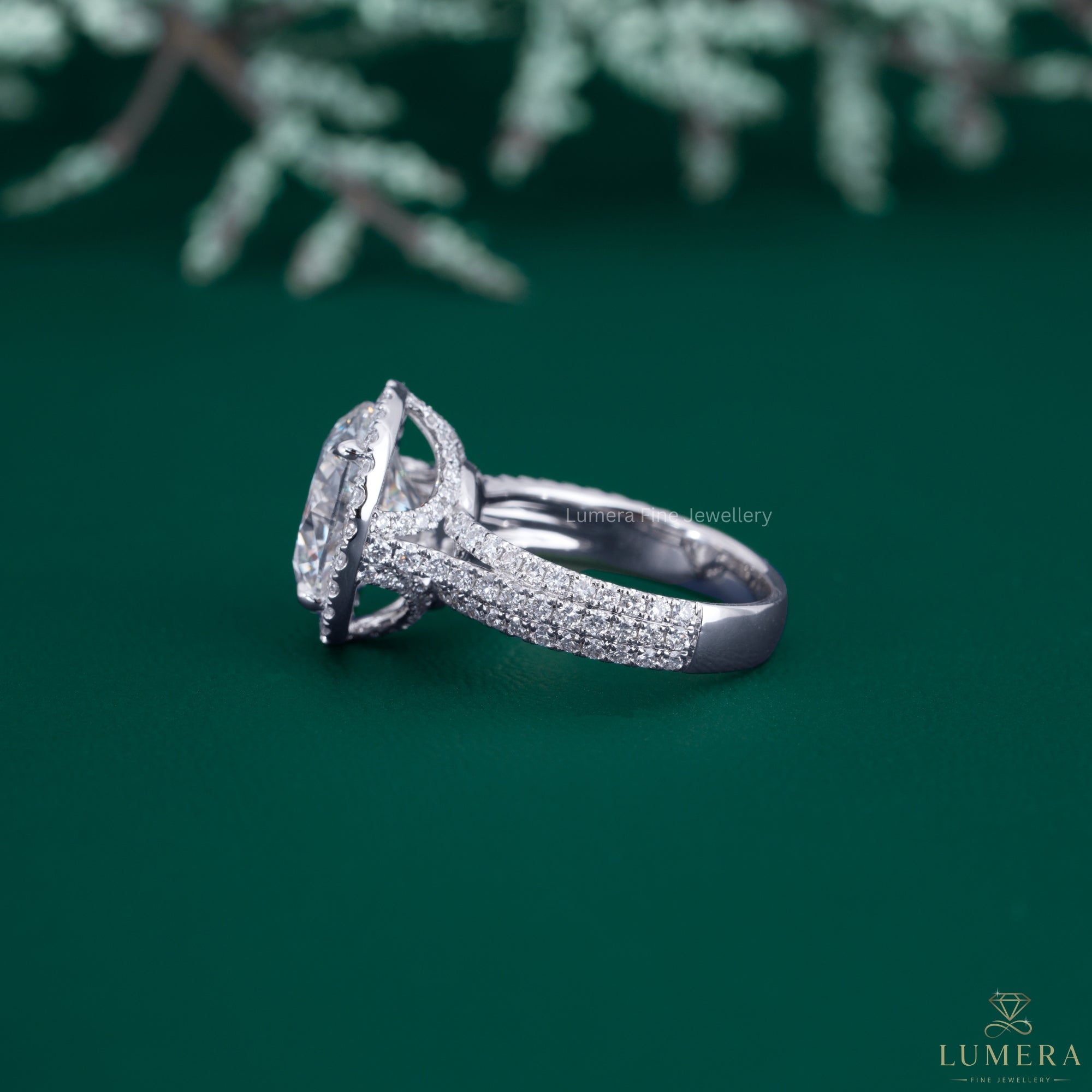 Round cut ring with halo engagement ring.