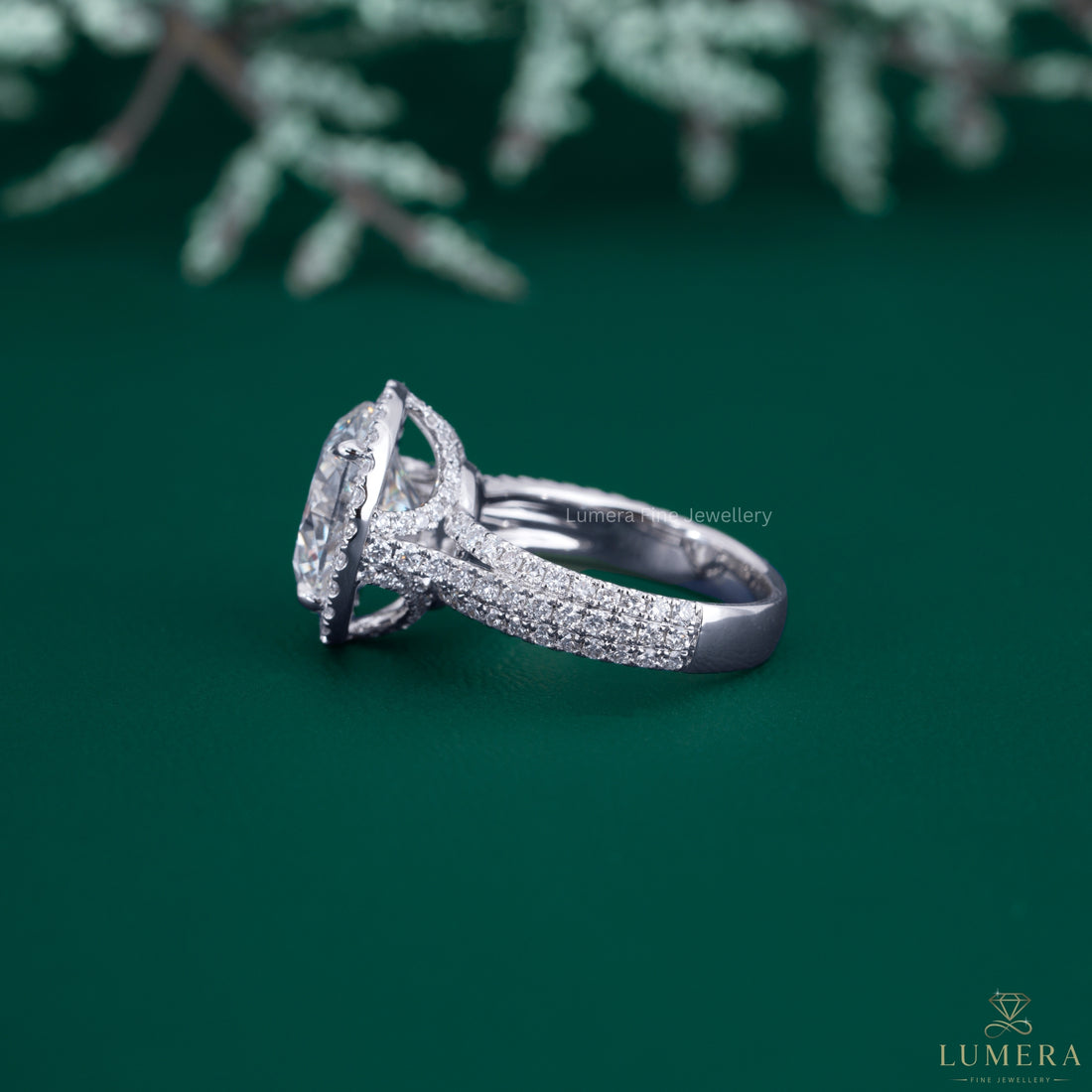 Round cut ring with halo engagement ring.