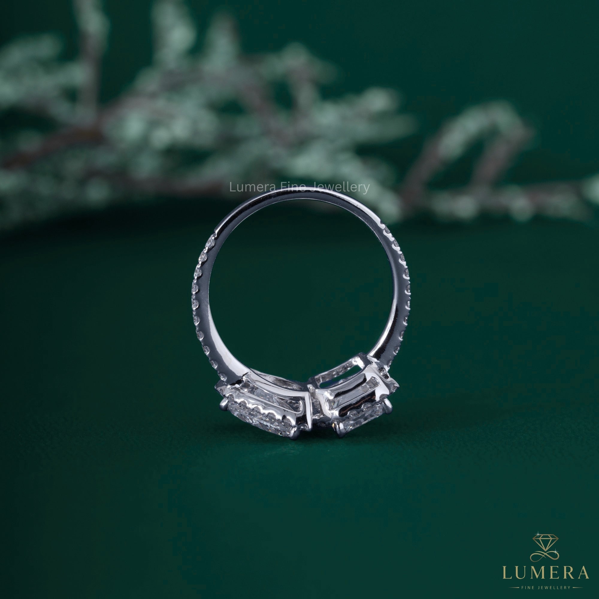 Two stone diamond ring with pave ring.