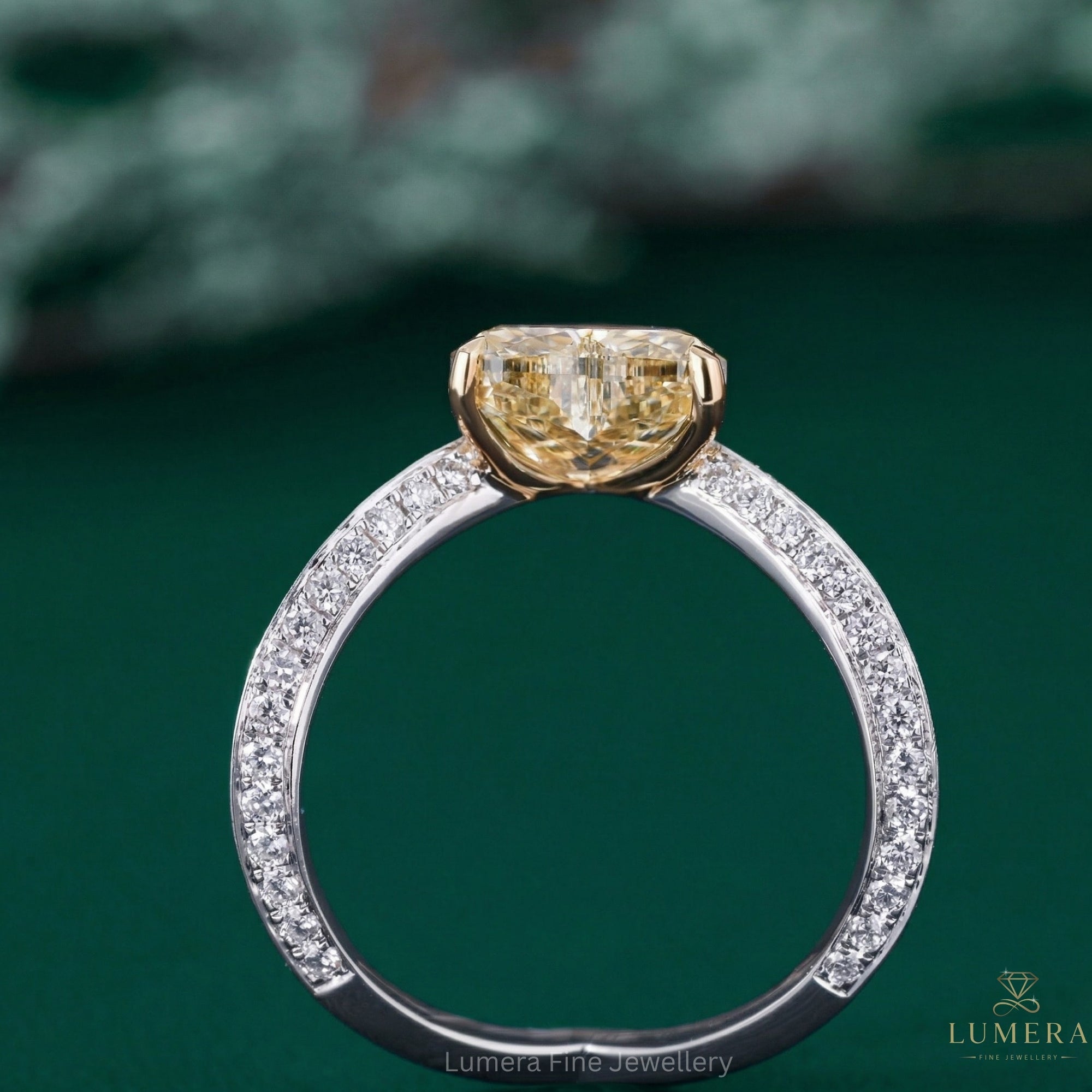 heart diamond ring with yellow diamond ring.