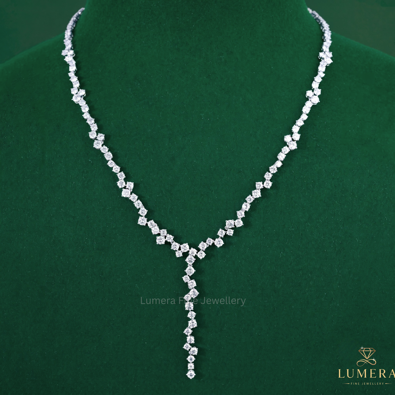 Cluster Zig-Zag Drop Dangle Round Diamond Necklace