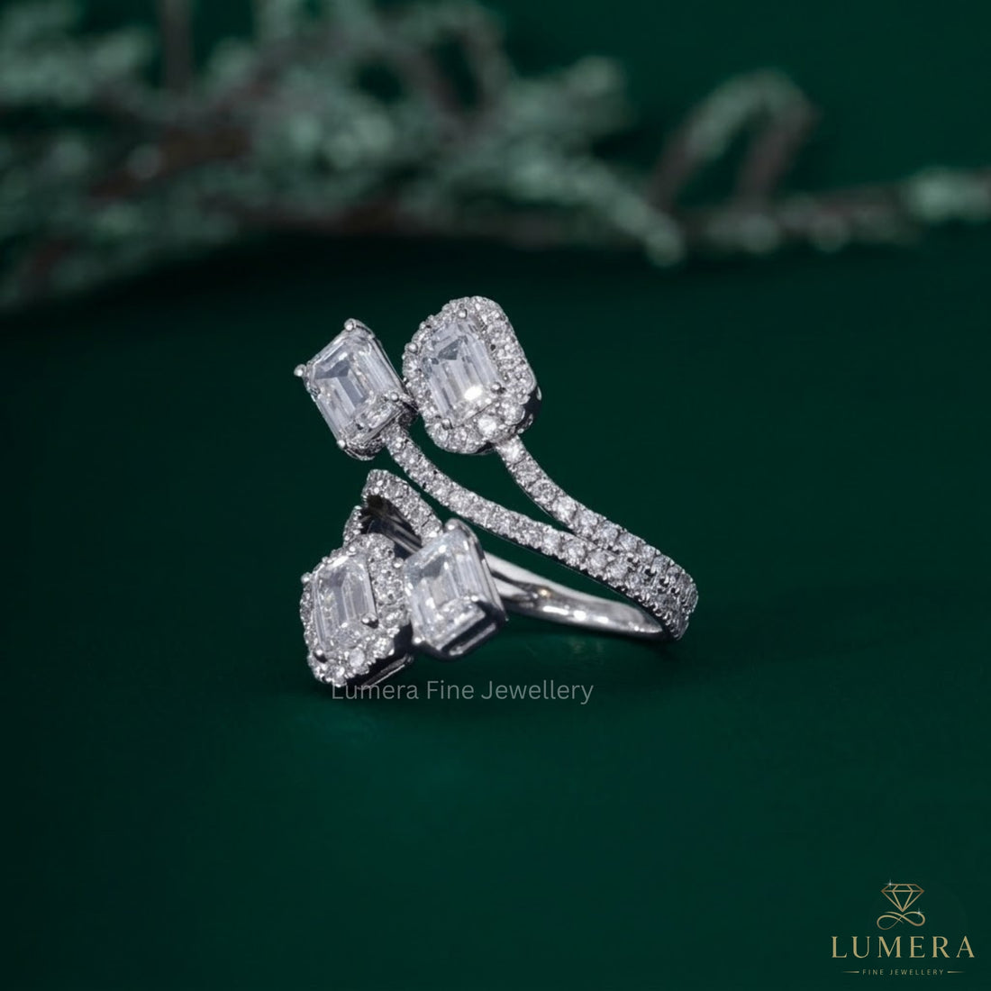 Double row pave band with round claw prong setting.